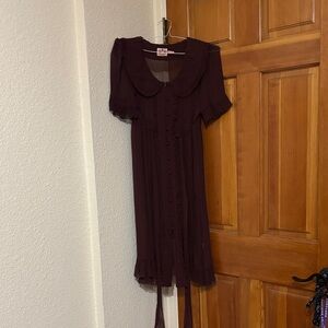 Juicy Couture Size 2 Silk Dark Plum Button-Front Dress with Peter Pan Collar